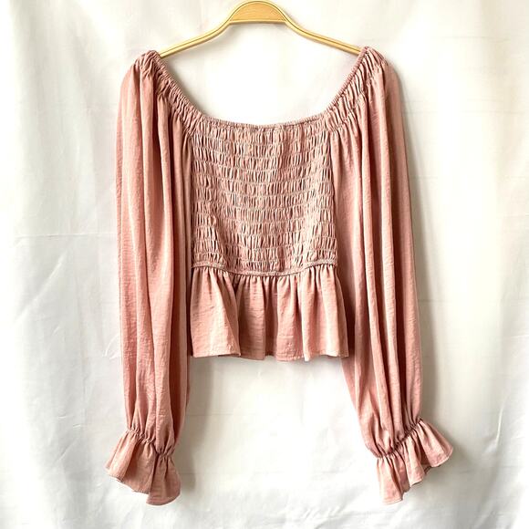 She + Sky Babydoll Smocked Blouse Top Women S Pink Poet Sleeve Romantic Coquette - Picture 2 of 8